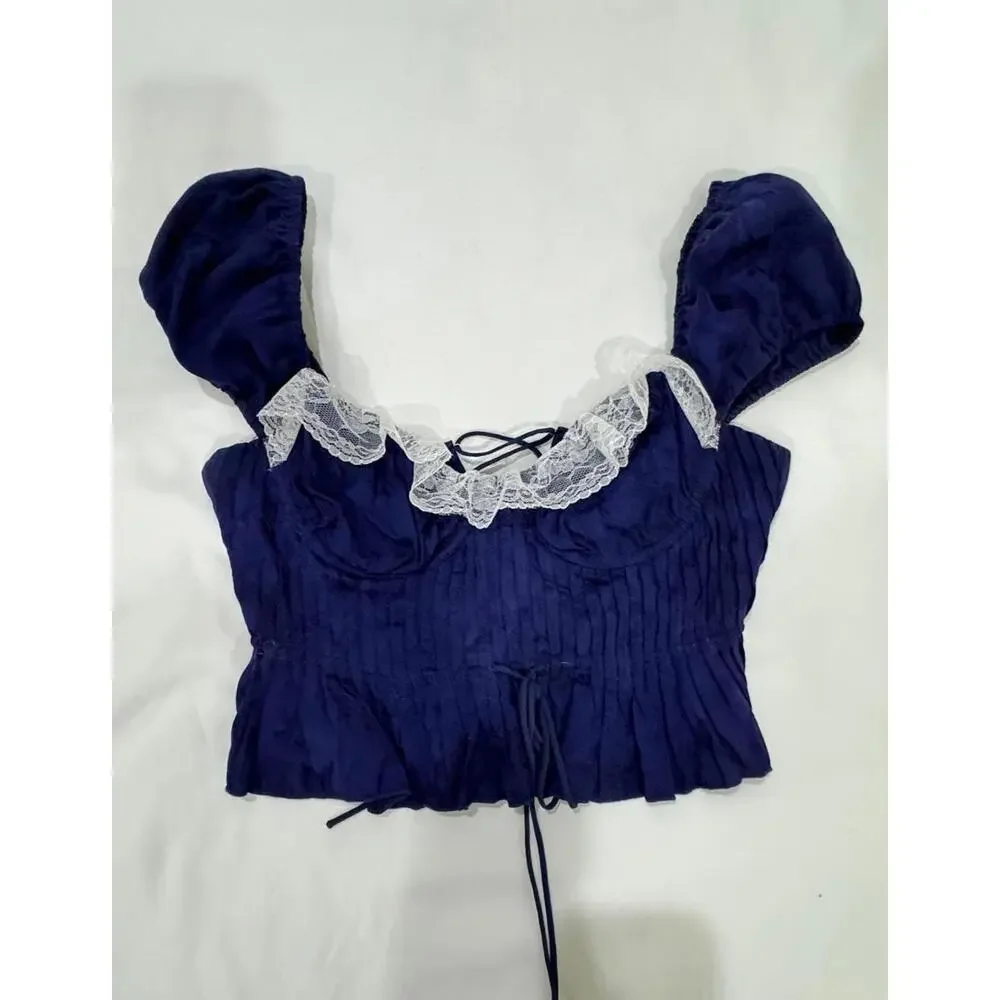 For Love & Lemons Navy Blue Holland Lace Corset Back Crop Top- Size Small - Picture 2 of 9